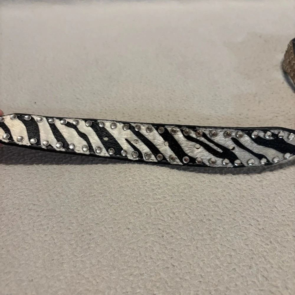 Nocona Western Belt Girls 20 Zebra Print Calf Hair Scalloped Edges Rhinestones